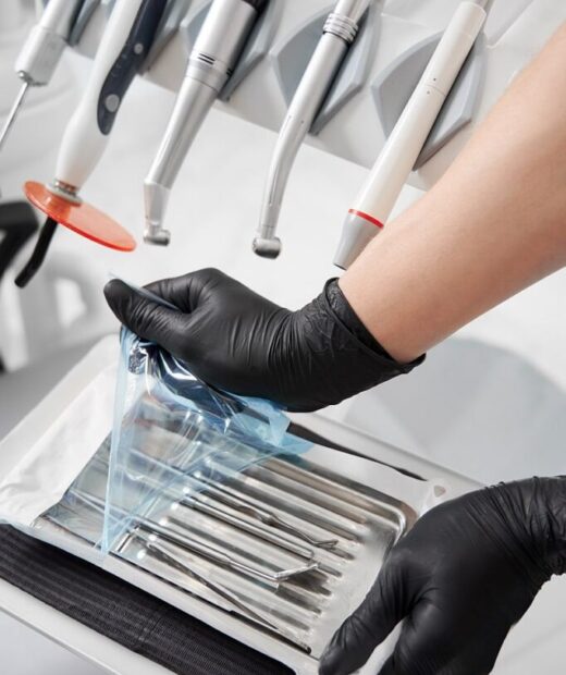 Dentist doctor hands holding dentist tools in dental clinic